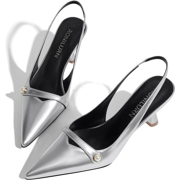 🆕Women Silver Faux Leather Kitten Heels Slingback Pearl Pumps - Picture 3 of 7